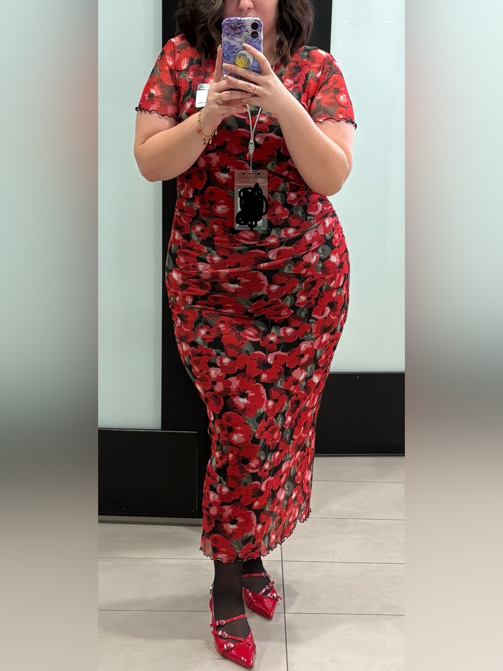 H&M Red Floral Maxi Dress with Ruching